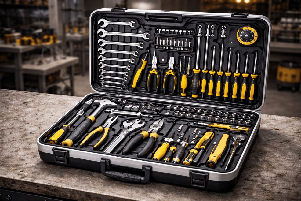 Complete essential hand tools set for industrial maintenance in a portable toolbox