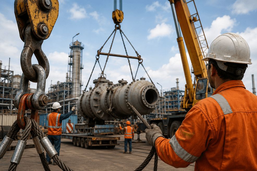 Industrial lifting and rigging systems in action with cranes, steel cables, and workers safely moving a heavy cylindrical equipment in a construction yard.