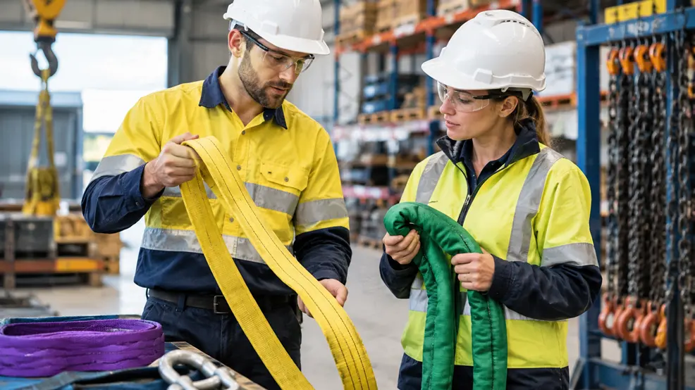 Industrial workers inspecting lifting slings in a warehouse, illustrating webbing vs round slings.